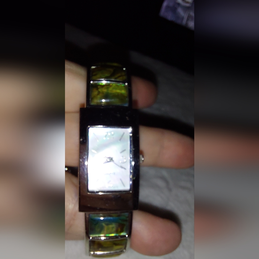 Silver And Green Abalone Shell Rectangular Watch - image 2